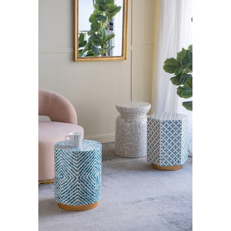 Round Accent Stool with Blue and White Capiz Design