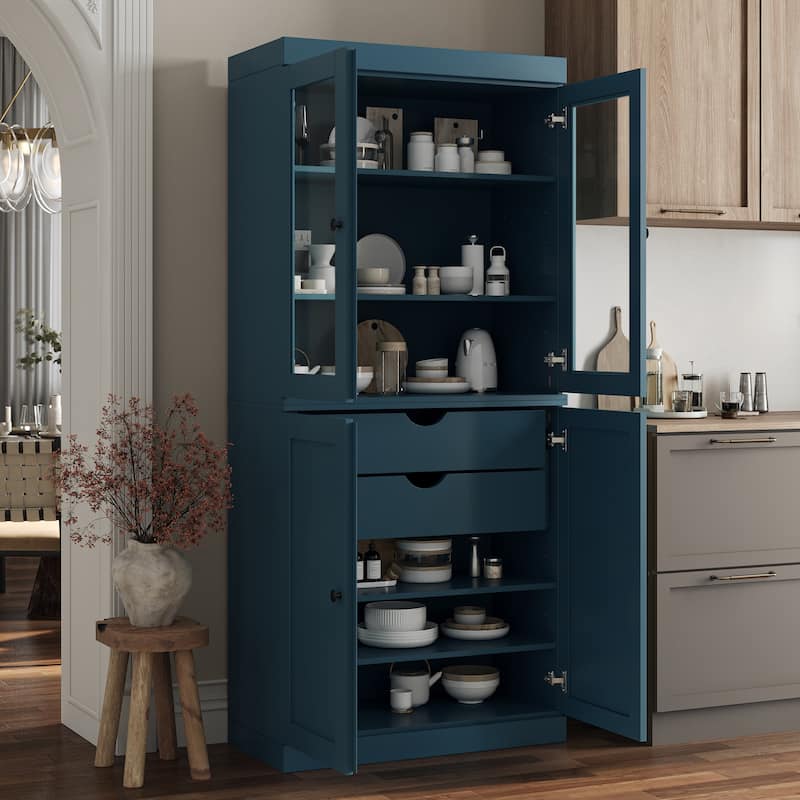 Palace Imports 100% Solid Wood Pantry Cabinet, Shaker & Clear Glass Doors, 2 Drawers, Adjustable Shelves, 32" Wide, 71.5" Tall - Teal Blue