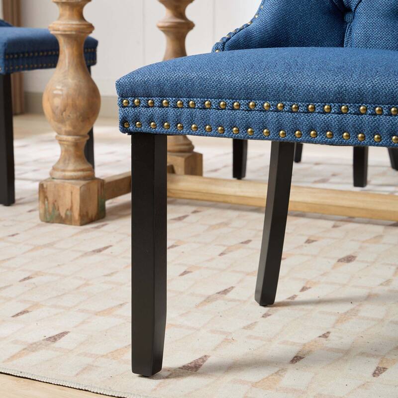 High-end Tufted Solid Wood Linen Dining Chair with Wood Legs Nailhead Trim 2-Pcs Set