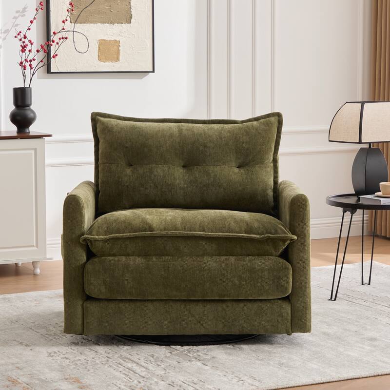 Swivel Barrel Chair - Mid Century Modern Chair, Thick Padded Arm Chair with Solid Metal Base, Comfortable Single Sofa Chair - Green