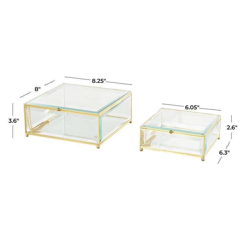 Glass Beveled Decorative Jewelry Box with Gold Metal Frame and Chain Accent - Set of 2 Clear - Roche River Decor