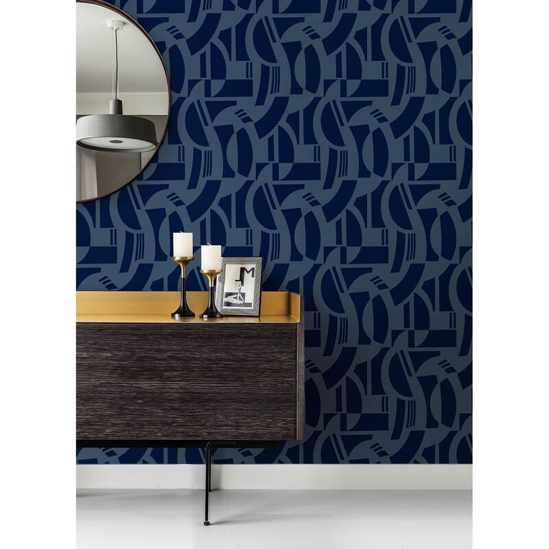 A-Street Prints Carter Indigo Geometric Flock Wallpaper