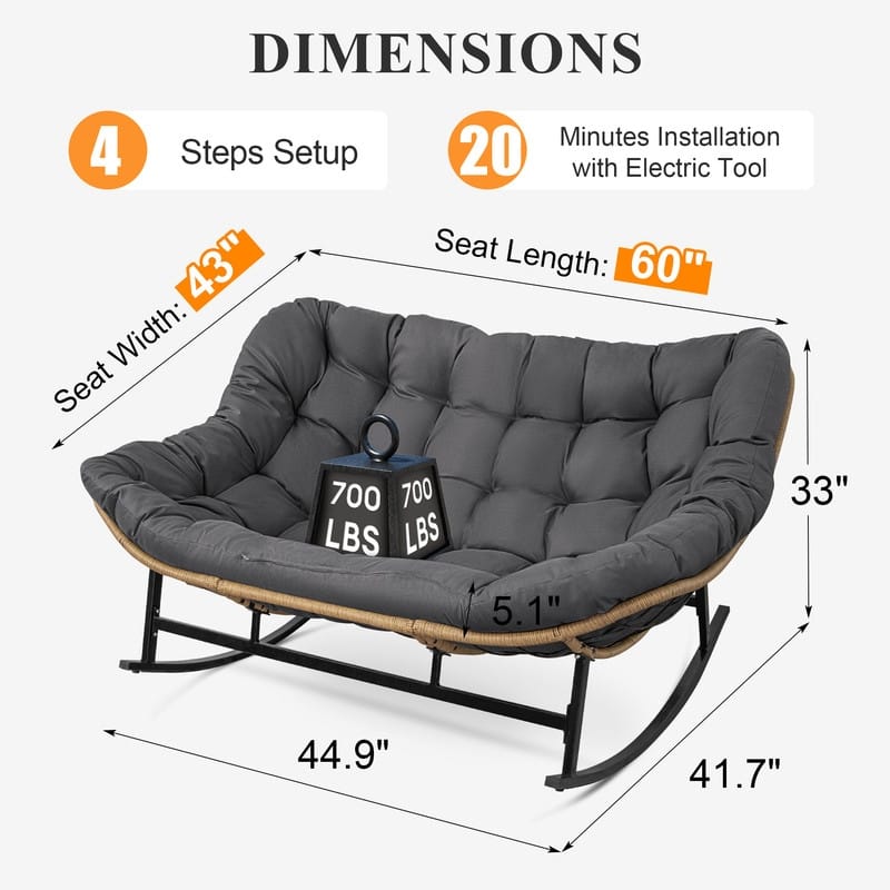 FINCATI Outdoor Double Papasan Chair, Oversized Patio Rocking Chair, 700 lbs Indoor Wicker Rocking Chair for Two