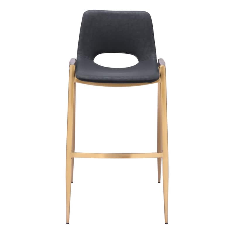 HomeRoots Set of Two 30" Black and Gold Faux Leather and Steel Low Back Bar Height Bar Chairs