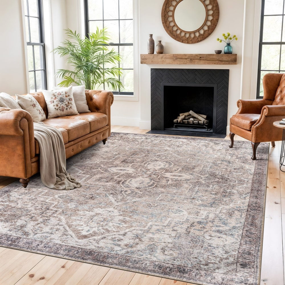 World Rug Gallery Floral Medallion Washable Flat Pile Non-Slip Area Rug