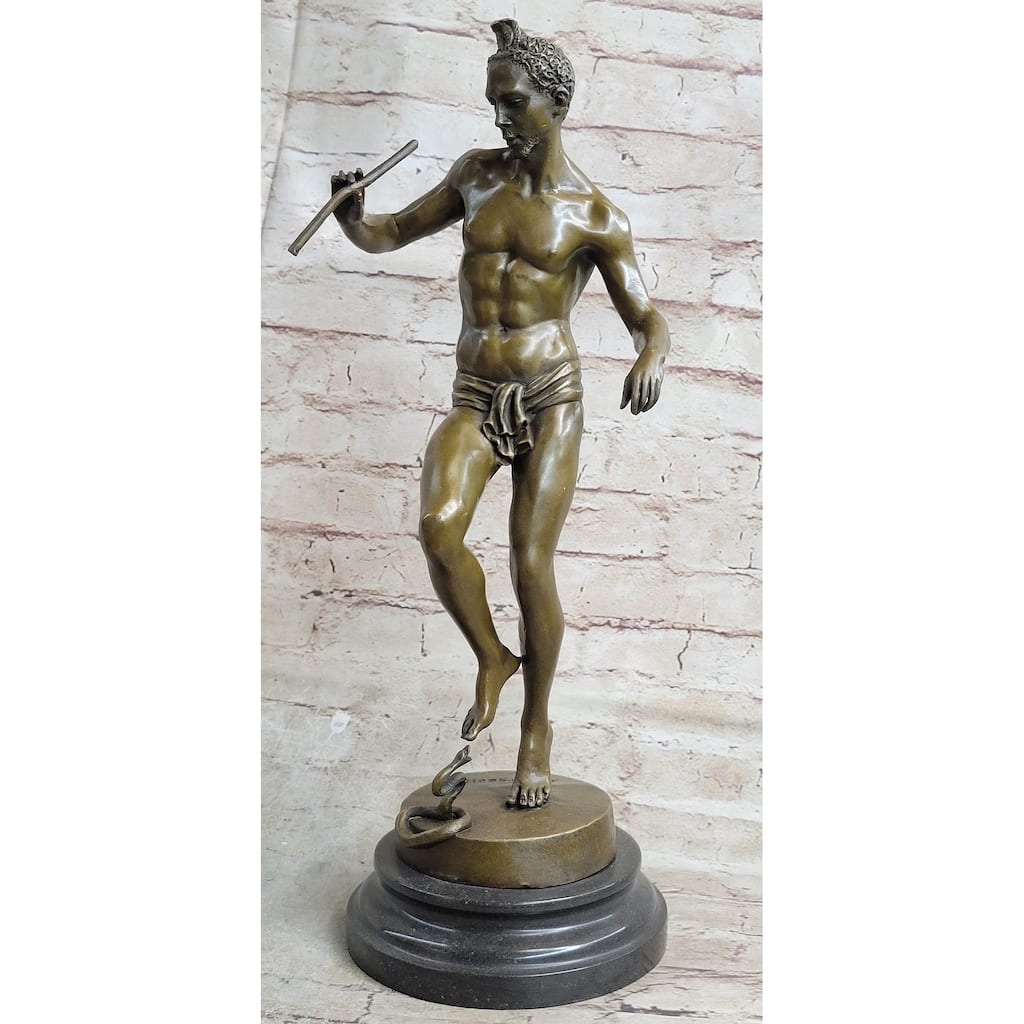 Signed Imitative Snake Charmer By Bourgeois Bronze Sculpture Marble Base Figurine Figure