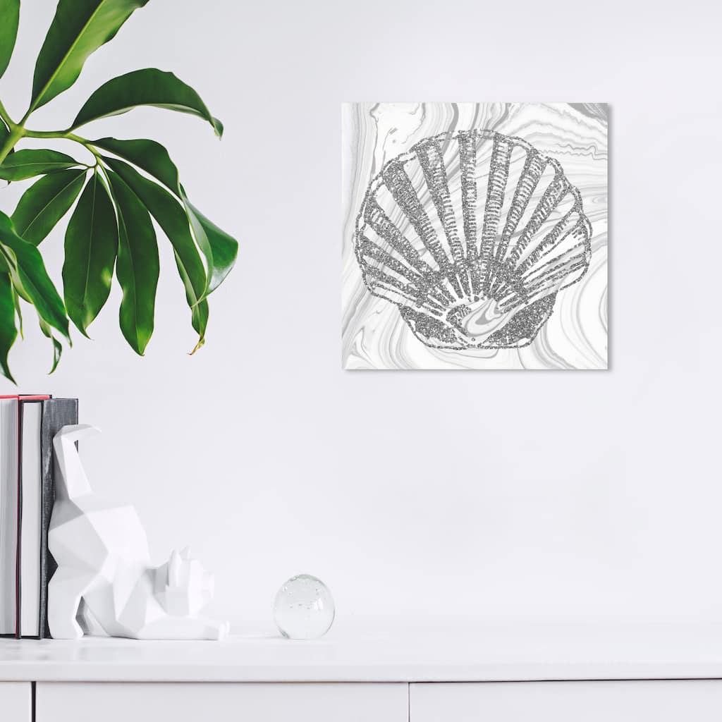 Wynwood Studio Canvas Nautical and Coastal Glitter Silver Seashell II Gray and Silver Nautical & Coastal Wall Art Canvas Print