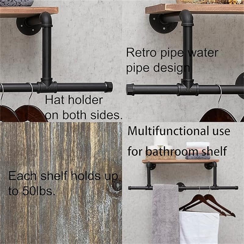 36In Industrial Pipe Clothing Rack with Top Shelf - 11.02"D x 44.88"W x 9.05"H