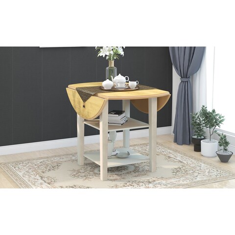 Farmhouse Round Kitchen Dining Table with Drop Leaf and 2-tier Shelves for Small Places, Natural and Distressed White