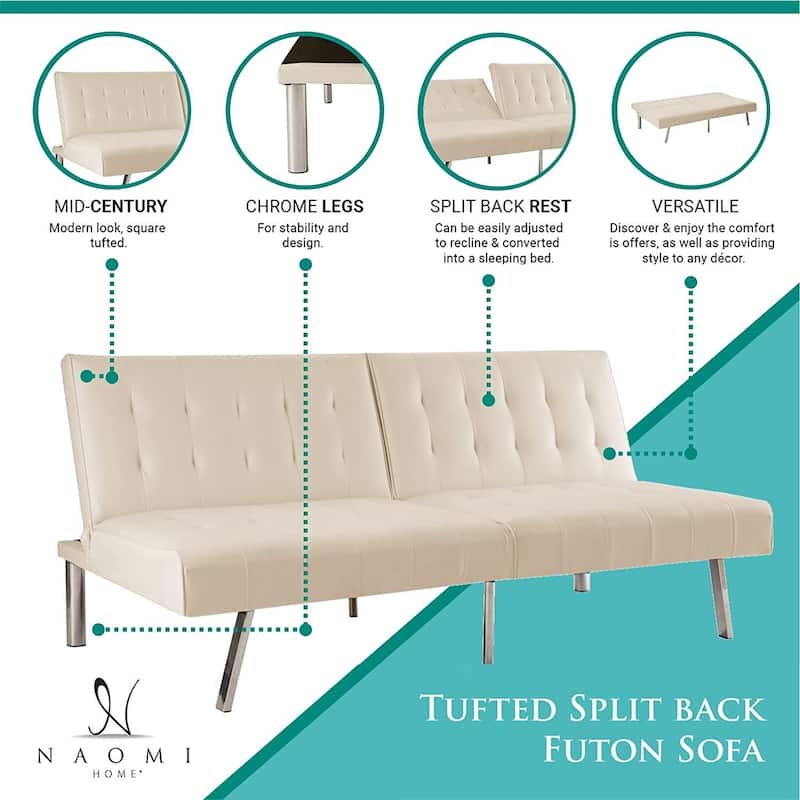 Tufted Mid-Century Modern Split Back Futon Sofa Couch Bed with Chrome Legs