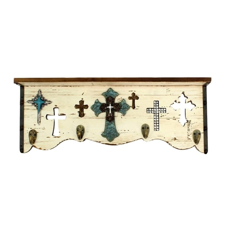 Shop Western Moments Wall Shelf 4 Hooks Flat Poly Resin Crosses Ivory Overstock 17329206