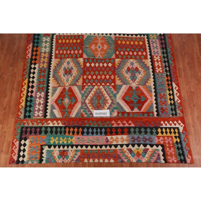 Geometric Kilim Oriental Rug Hand-Woven Multi-Color Wool Carpet - 8'5"x 11'2"