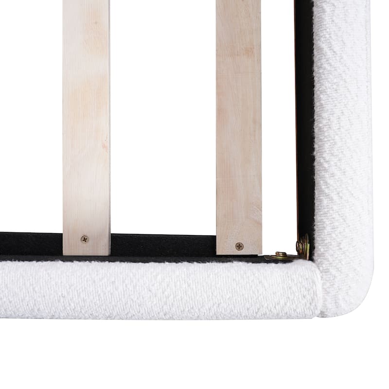 White Low Profile Platform Bed Ground Bed Boucle Frame with Upholstered Wingback Headboard