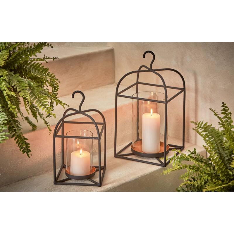 Hanging Metal And Glass Lantern Pillar Candle Holder Large, 9.0L x 9.0W x 17H inches, Decorative Use Only