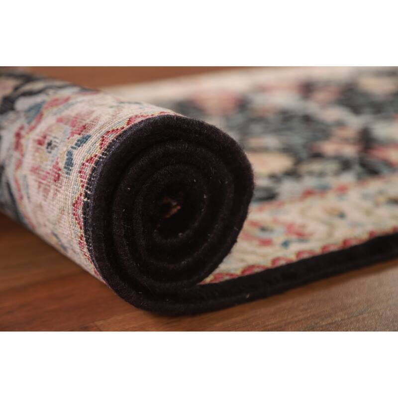 Hand Knotted Oriental 100% Wool Carpet Traditional Floral Black Kashan Runner Rug - 7' 8'' X 2' 6''