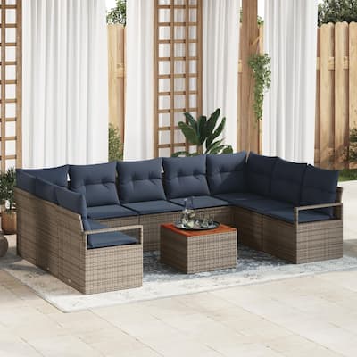 vidaXL 10 Garden Sofa Set with Cushions Black/Grey Poly Rattan - 113.8 x 69.7 x 27.2