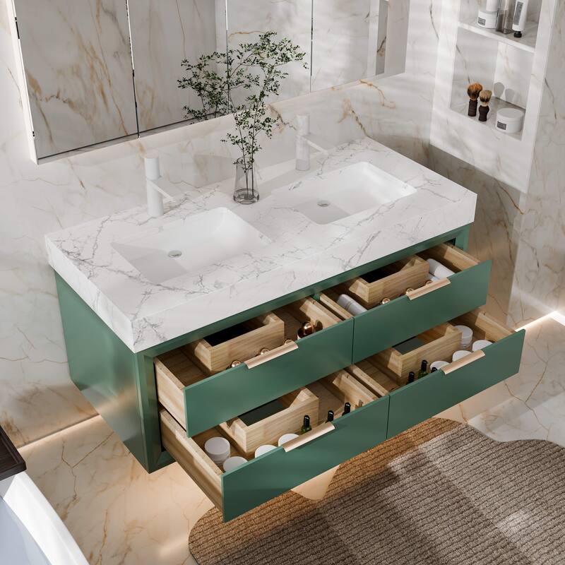 Modland 48" Floating Double Sink Bathroom Vanity with White Stone Countertop, Soft-Close Drawers, LED Lighting