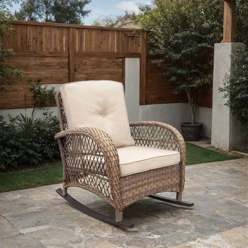 Outdoor Wicker Rocking Chair,Patio Rattan Rocker Chair w/Soft Cushions
