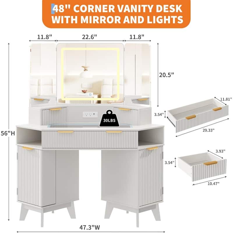 48 inch Fluted Corner Vanity Desk with Lights and Triple Mirror