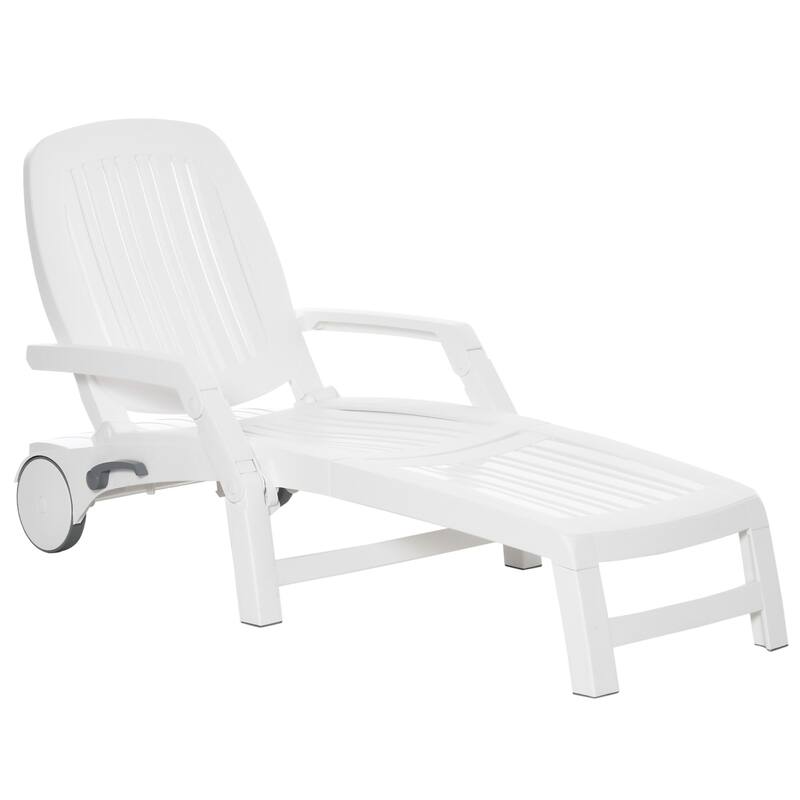 Outdoor Chaise Lounge Chair on Wheels with Storage Box, Waterproof Lounger, 5-Level Adjustable Backrest for Patio, Poolside - White