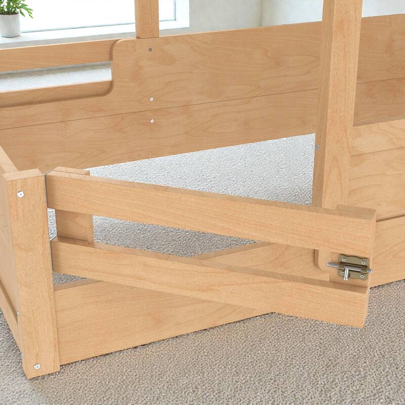 Kids House Floor Bed with Guardrails and Roof, Built-in Tray and Signboard, Montessori Floor Bed for Toddlers