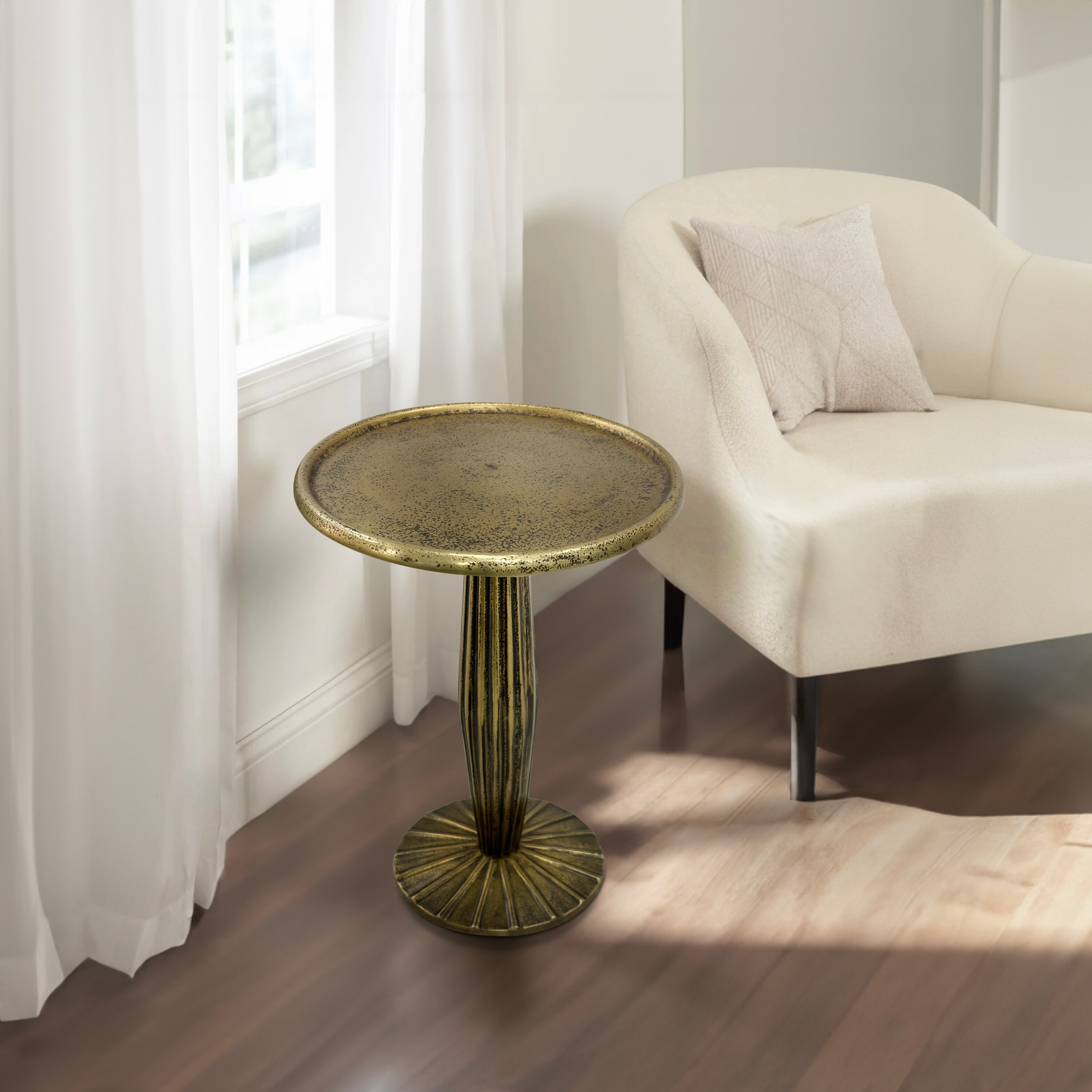 12 Inch Side End Drink Table Fancy Fluted Base Round Top Antique Brass