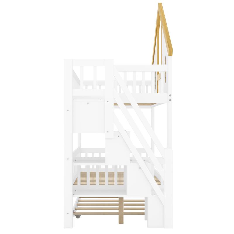 Roomfitters Twin Over Twin/Full Over Full House Bunk Bed with Trundle, Storage Staircase and Roof, White and Natural