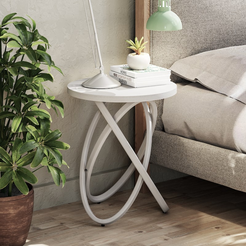 COZAYH Farmhouse End Table Round Wood Side Table Rustic Plant Stand With Intertwined Line Design