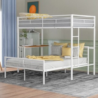 L-Shaped Metal Bunk Bed w/Built-in Desk & Ladder, Twin Over Full Size