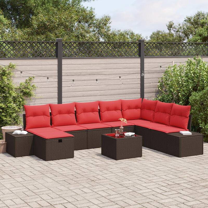 vidaXL 8/9 Garden Sofa Set with Cushions Black/Brown/Grey Poly Rattan - 125.6 x 82.3 x 27.2 - Brown with table