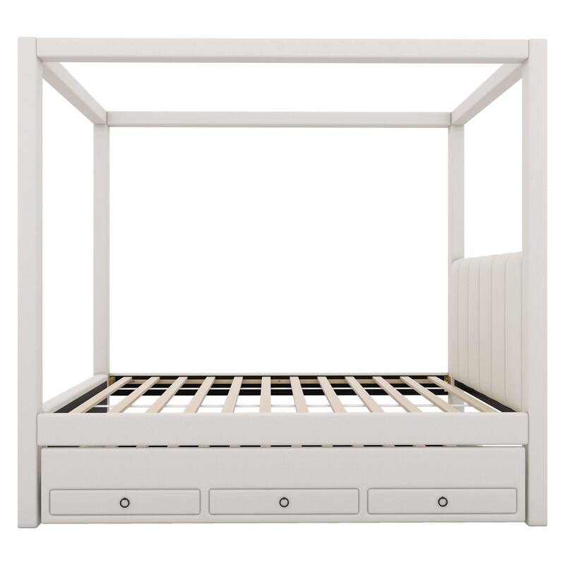 Bedroom Twin Size Canopy Bed Frame, Upholstery Linen Platform Bed with Three Storage Drawers and Pull-Out Trundle Bed