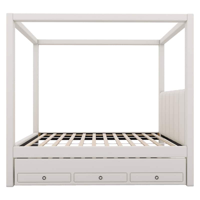 Modern Canopy Bed Frame with Upholstered Headboard/Wood Platform Bed with Trundle & 3 Storage Drawers/Wood Slats Support/Beige