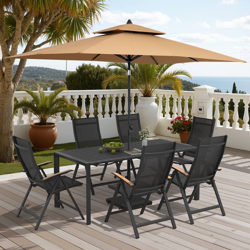 9/11-Piece Outdoor Patio Dining Set Aluminum Dining Table and Chairs w/10 ft Market Umbrella and Base with Wheels