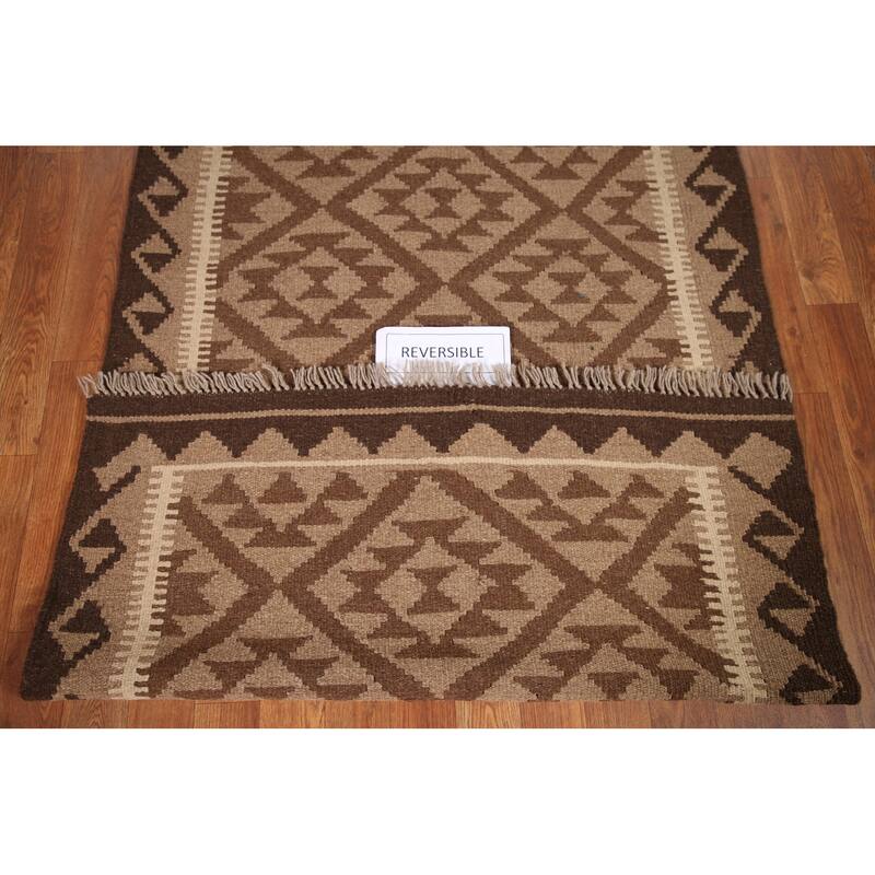Brown Kilim Oriental Area Rug Hand-woven Reversible Wool Foyer Carpet - 3'5" x 5'2"