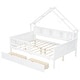preview thumbnail 12 of 26, Full Size House Bed with Two Drawers, Kids Wood Bed Platform Beds with LED, Storage Shelves and Guardrail for Girls, Boys
