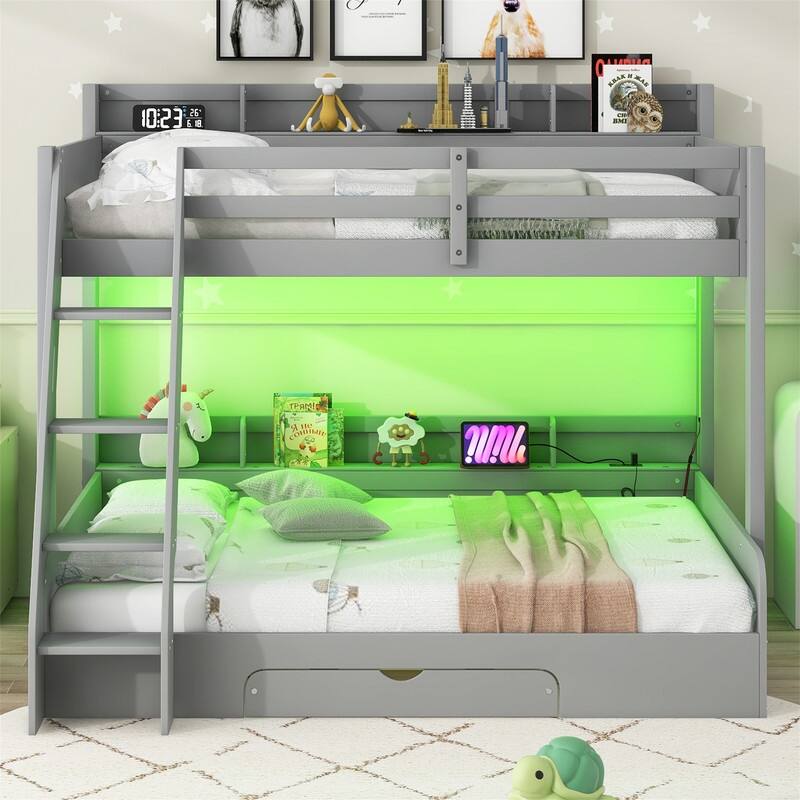 Twin over Full Bunk Bed with Storage Shelves, LED Light and Charging Station, Solid Wood Floor Bunk Bedframe w/a Drawer & Ladder