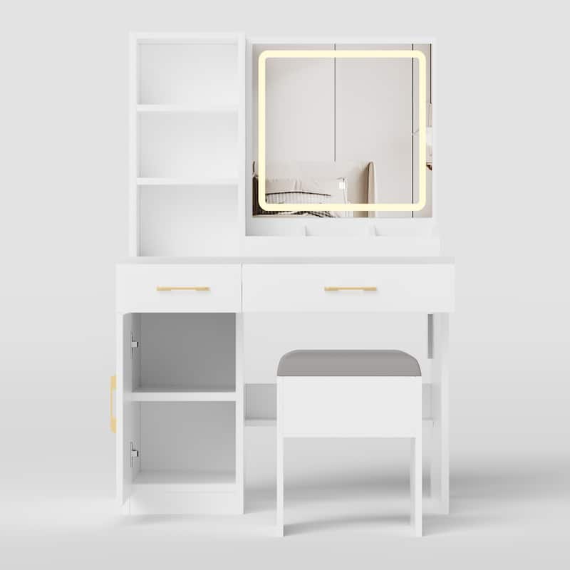 Makeup Vanity Desk with Mirror and Lights, Vanity Table with Power Outlet and 3 Lighting Modes, Dressing Table Set with Stool
