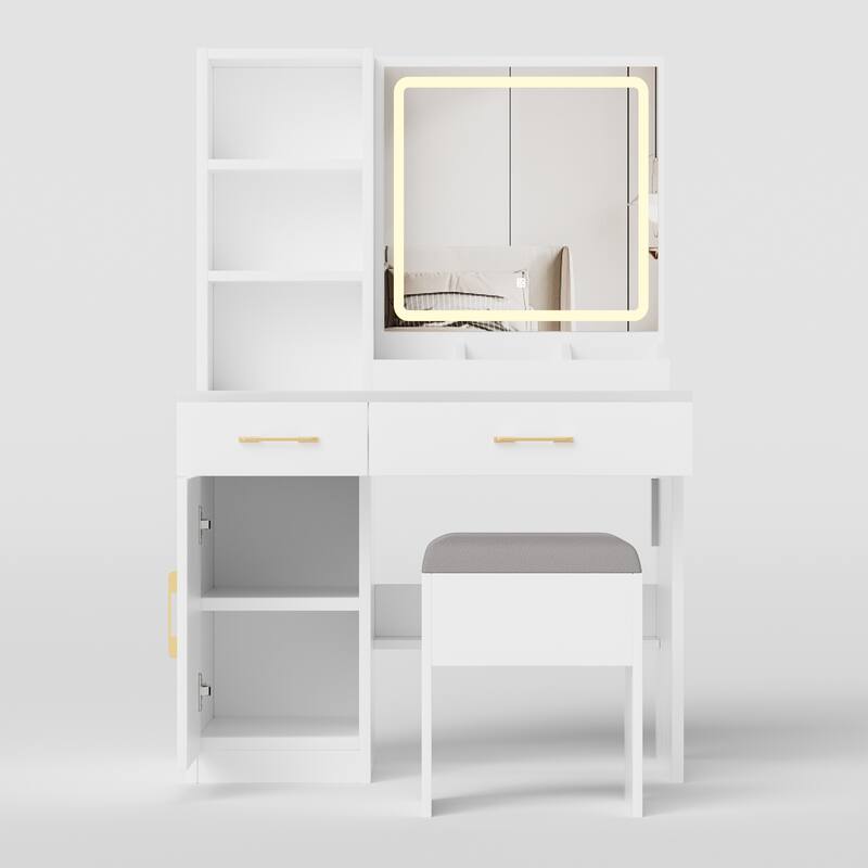 Vanity Desk with Lighten Mirror, 3 Color Mode Brightness Adjustable, ressing Table Set with Cabinet, Drawers, Shelves & Stool