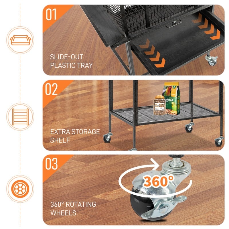 61 Inch Wrought Iron Large Rolling Bird Cage With Play Top And Stand For Parrots Lovebird Cockatiel Parakeets