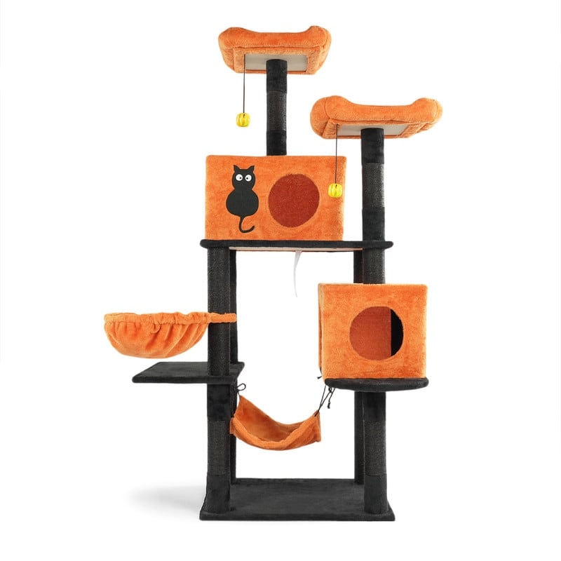 61" Halloween Cat Tree, Large Cat Tower with 2 Spacious Cat Condos