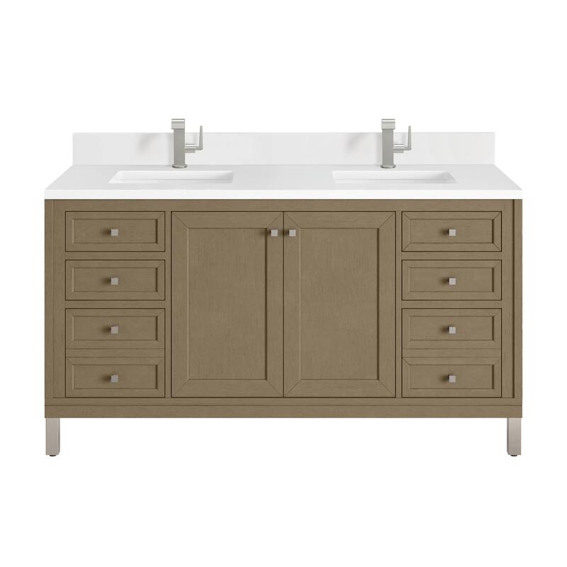 Chicago 60" Double Vanity, Walnut Whisper - White Zeus - Single Hole