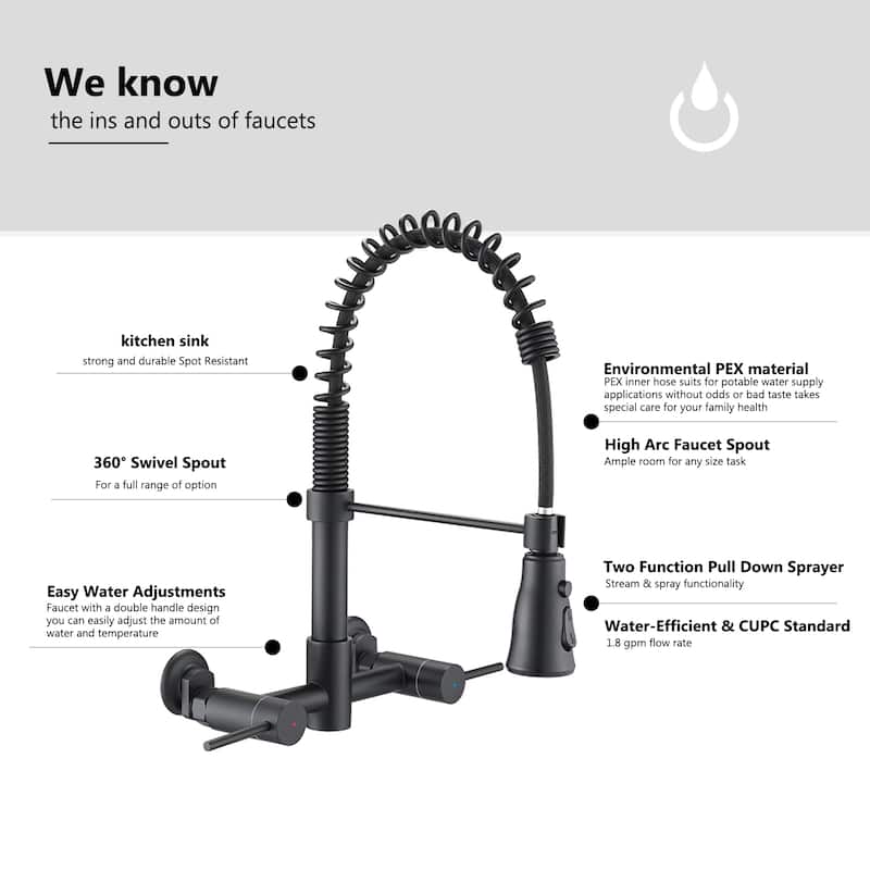 PROOX Double Handle Kitchen Faucet with Pull Out Sprayer Wall Mounted
