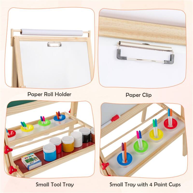 3-in-1 Kids Art Easel with Magnetic Chalkboard Whiteboard Paper Roll Adjustable Height Storage Trays and Paint Cups