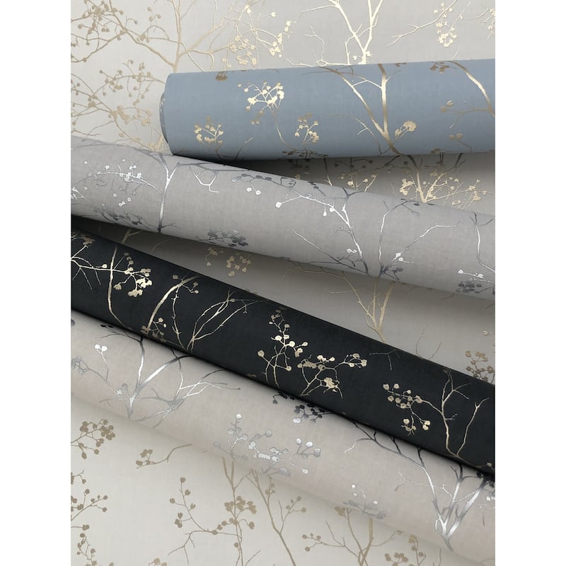 Grant Black/Gold Short Fiber Non-Woven Unpasted Botanical Luminous Branches Wallpaper Covers about 60.75 sq. ft.