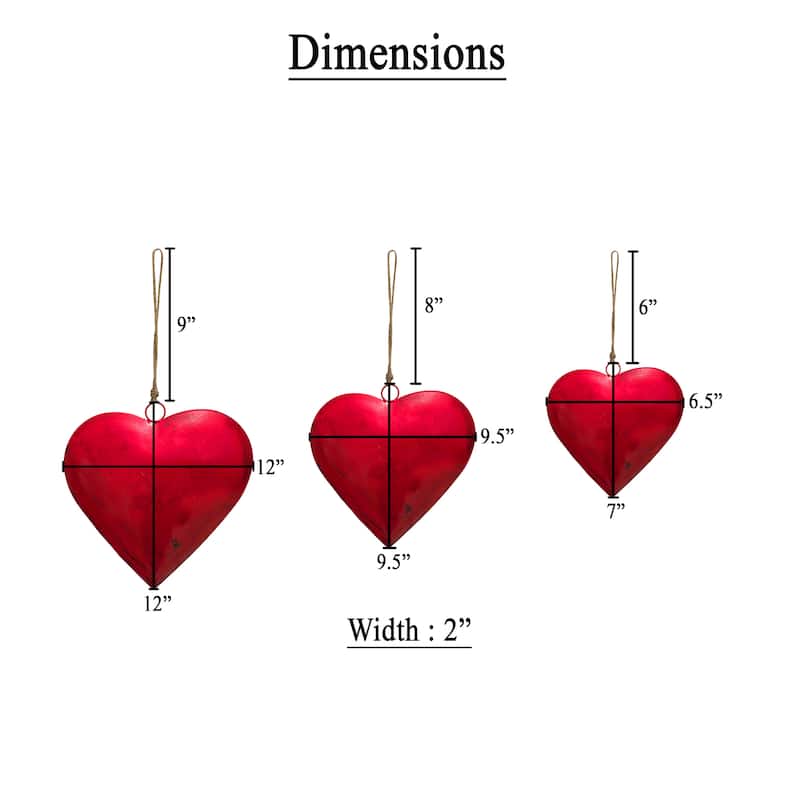 Myri Decorative Metal Heart Wall Decor Set of 3, Classic Red with Jute Hanging Rope, 12, 9.5, 7 Inches