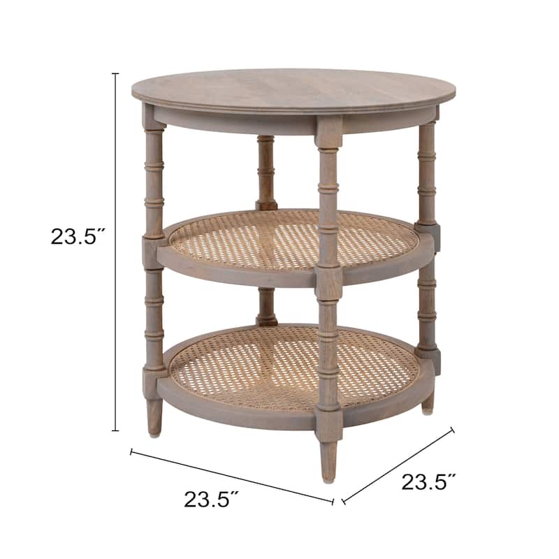 Round Mango Wood Table with 2 Cane Shelves