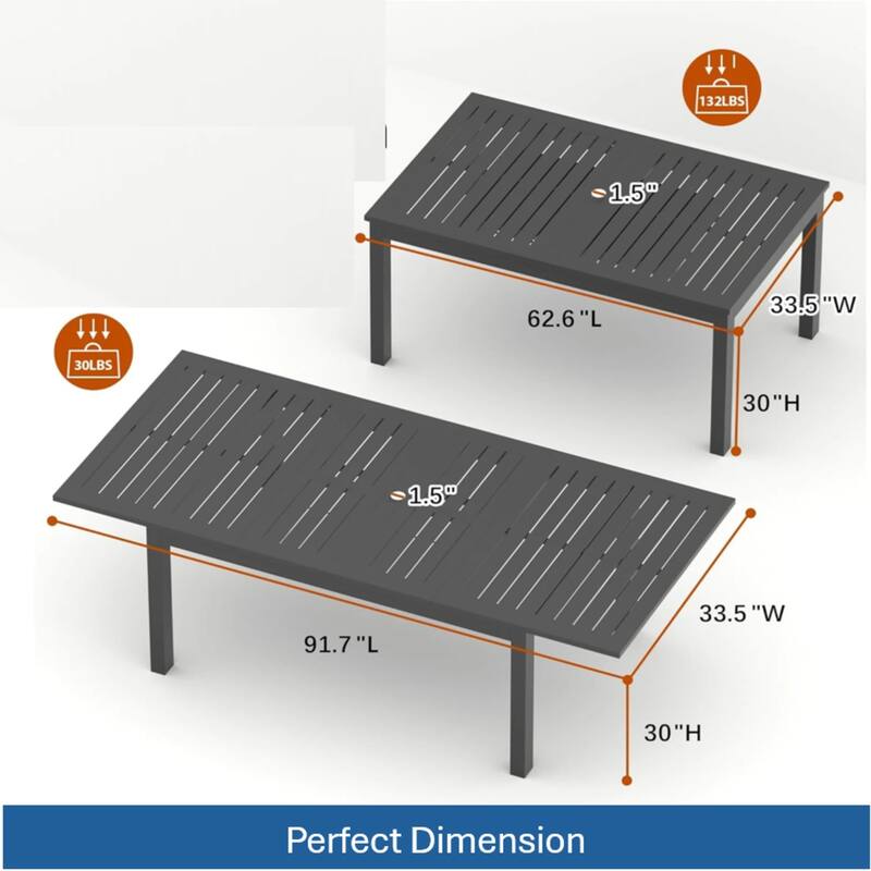 63"-92" Extendable Aluminum Dining Table, Gray