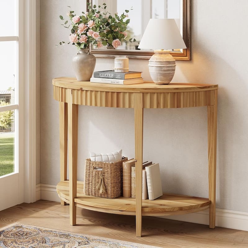 Solid Wood Fluted Console/Entryway Table with 2-Tier Storage Shelf