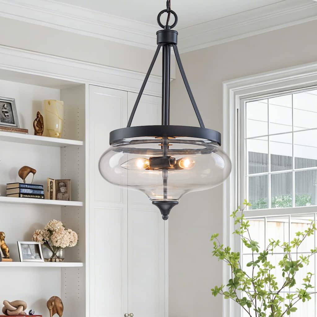 3-Light Black Farmhouse Clear Glass Drum Pendant Light