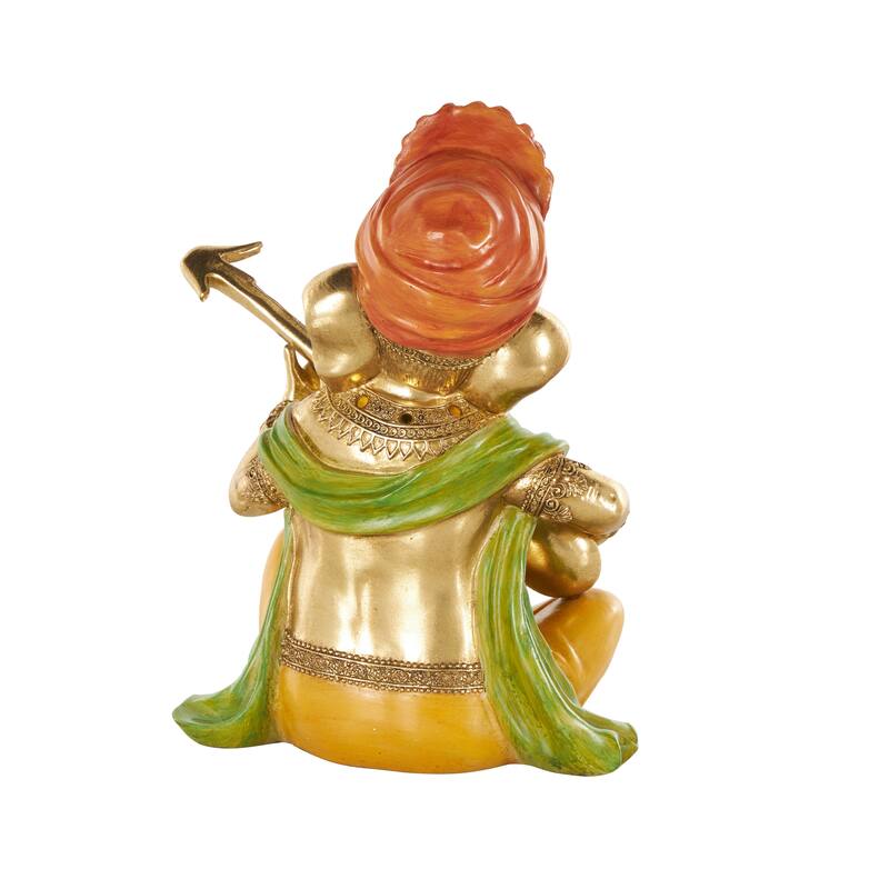 Gold Resin Musician Ganesh Decorative Sculpture with Green, Yellow, and Red Accents